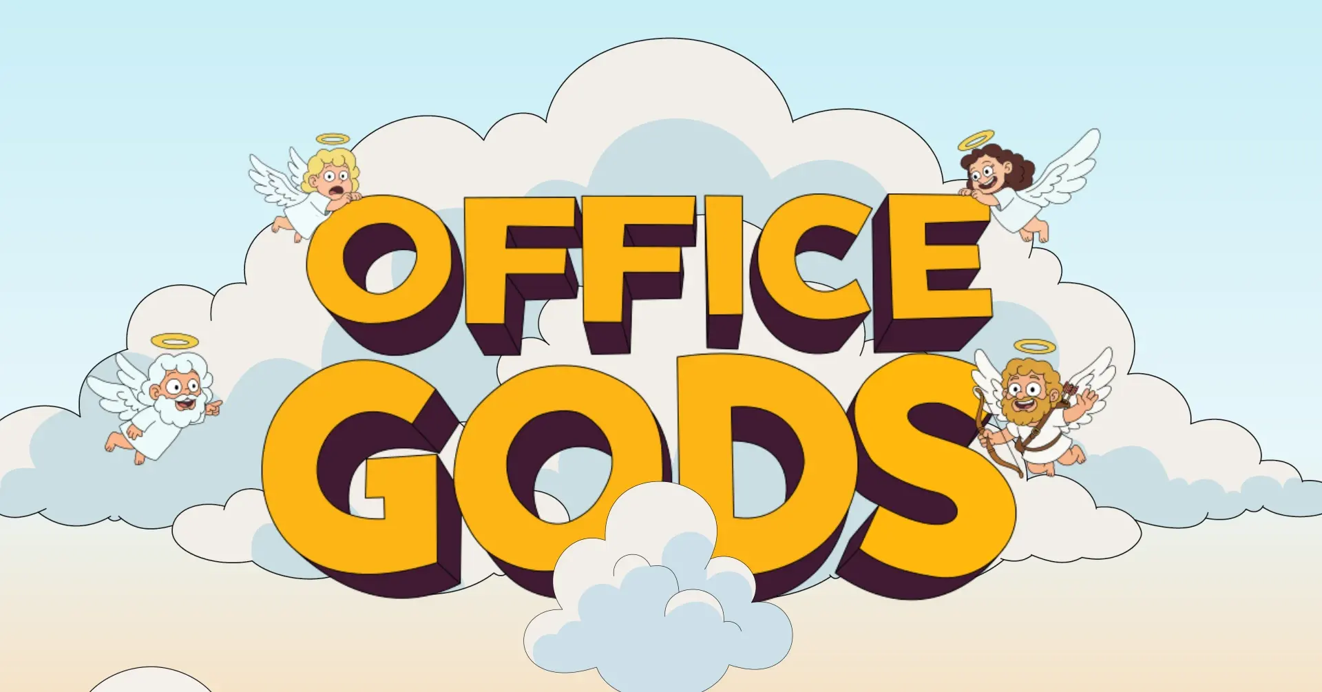 Office Gods title artwork with angels and clouds